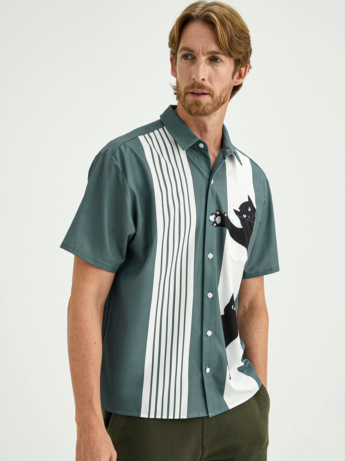 Gato Pecho Bolsillo Manga Corta Bolos Camisa
