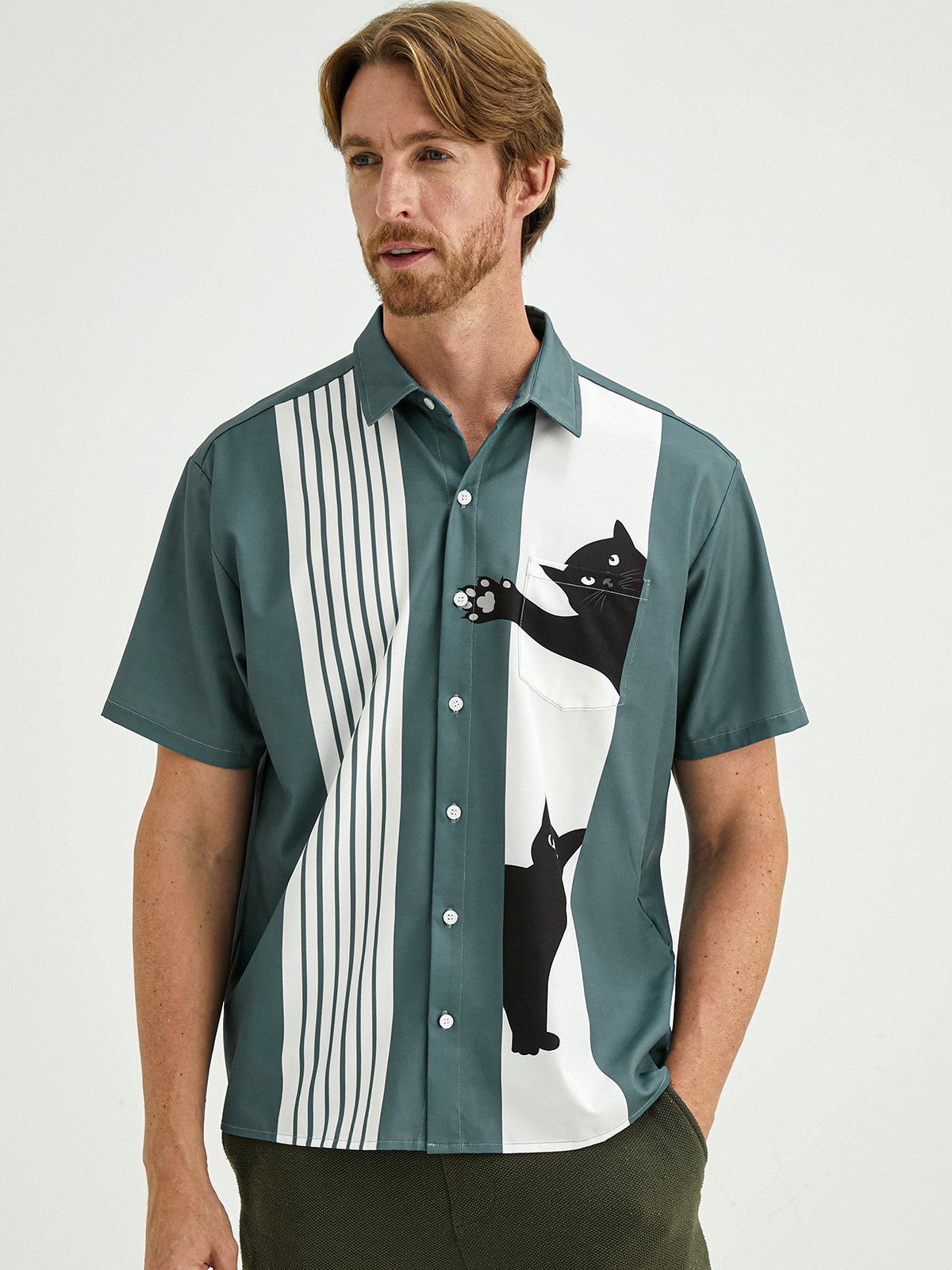 Gato Pecho Bolsillo Manga Corta Bolos Camisa
