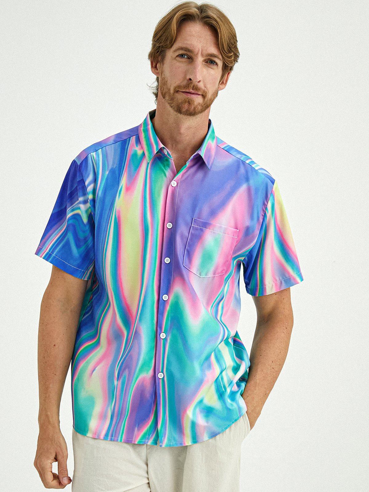 Gradiente Color Pecho Bolsillo Manga Corta Casual Camisa