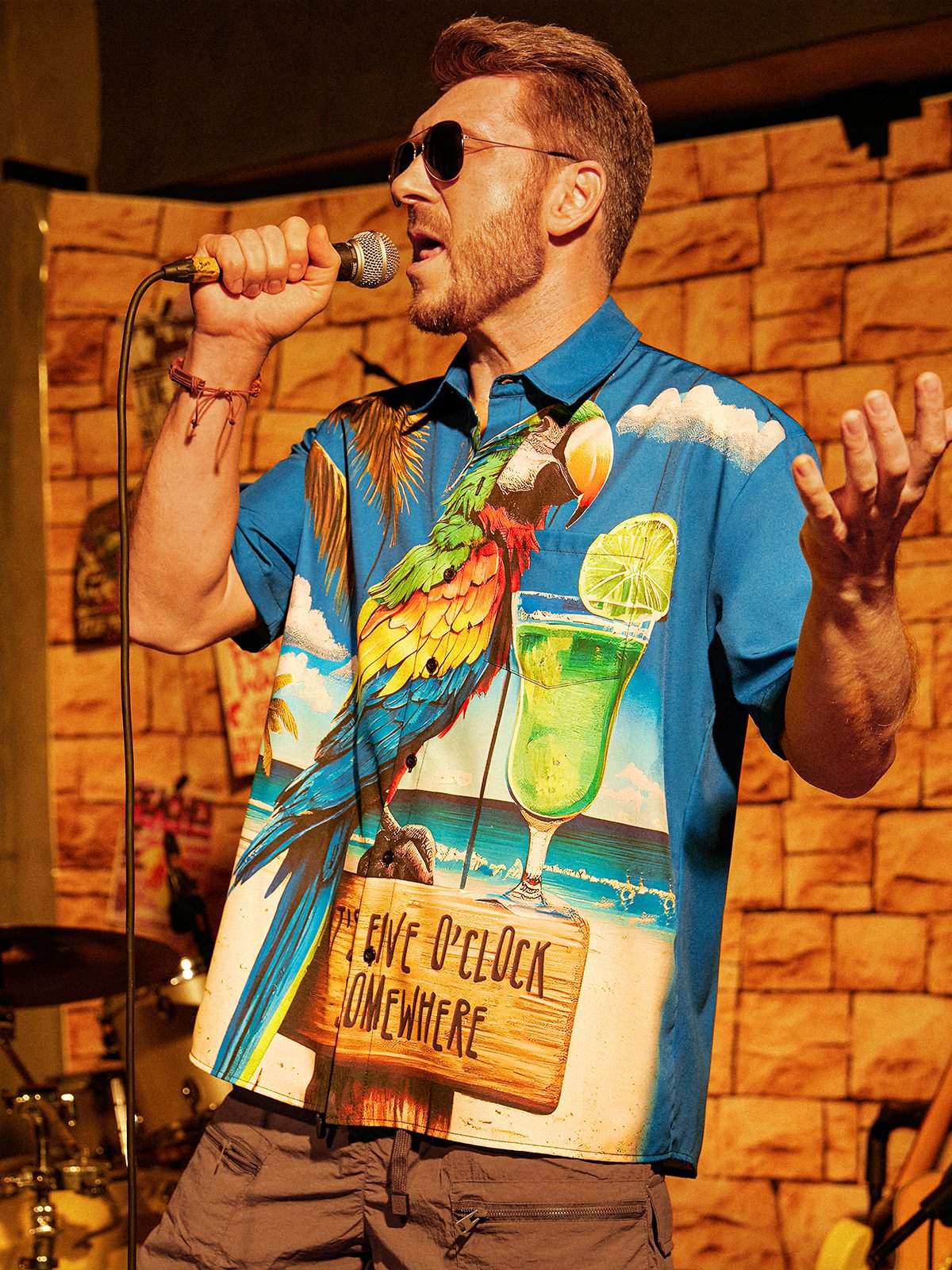 loro Cóctel Pecho Bolsillo Manga Corta hawaiano Camisa