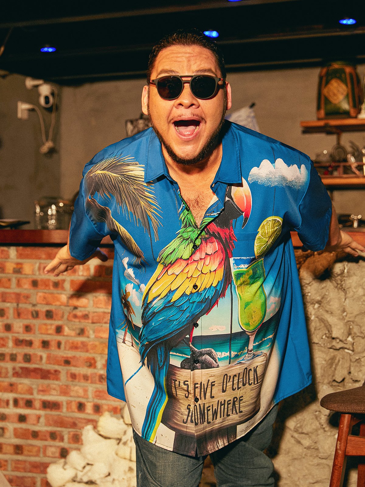 loro Cóctel Pecho Bolsillo Manga Corta hawaiano Camisa