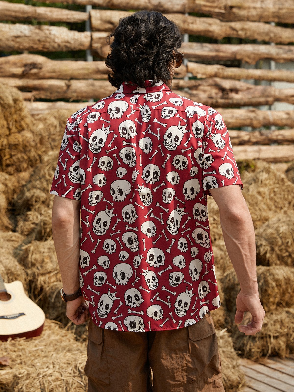 Craneo Pecho Bolsillo Manga Corta hawaiano Camisa