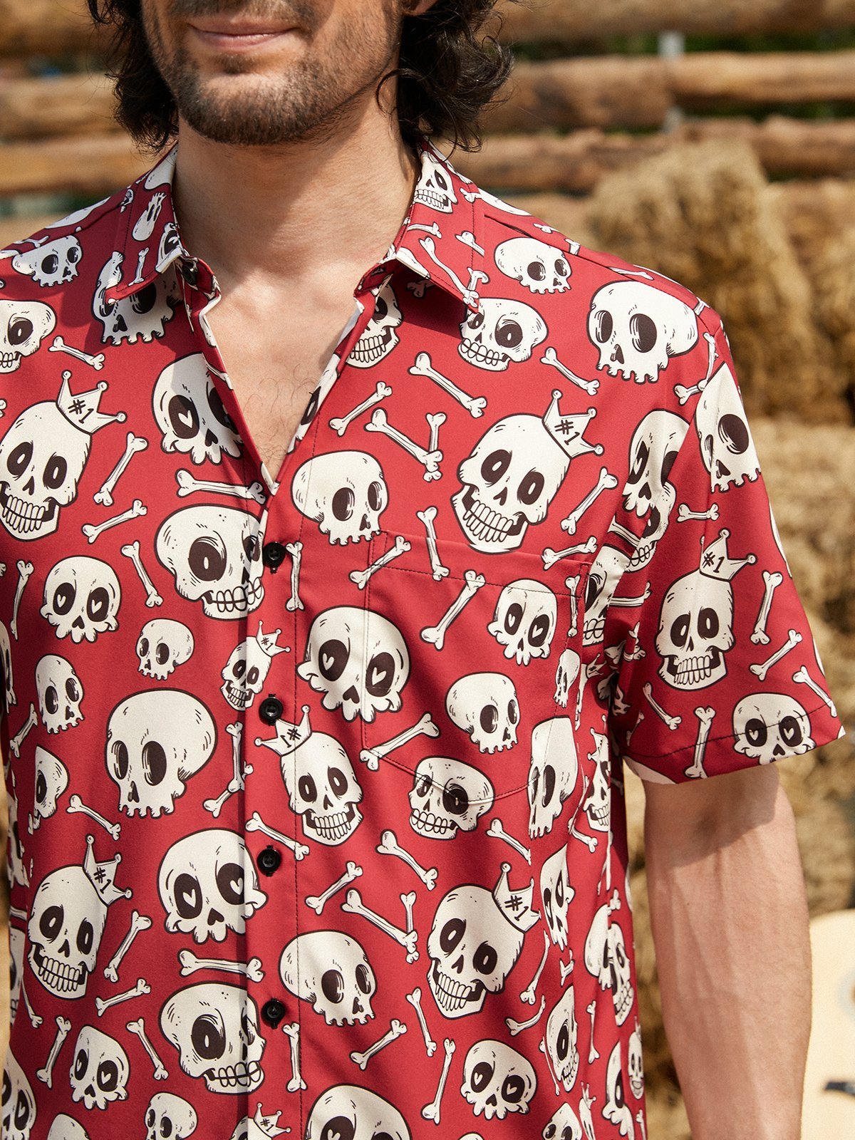 Craneo Pecho Bolsillo Manga Corta hawaiano Camisa