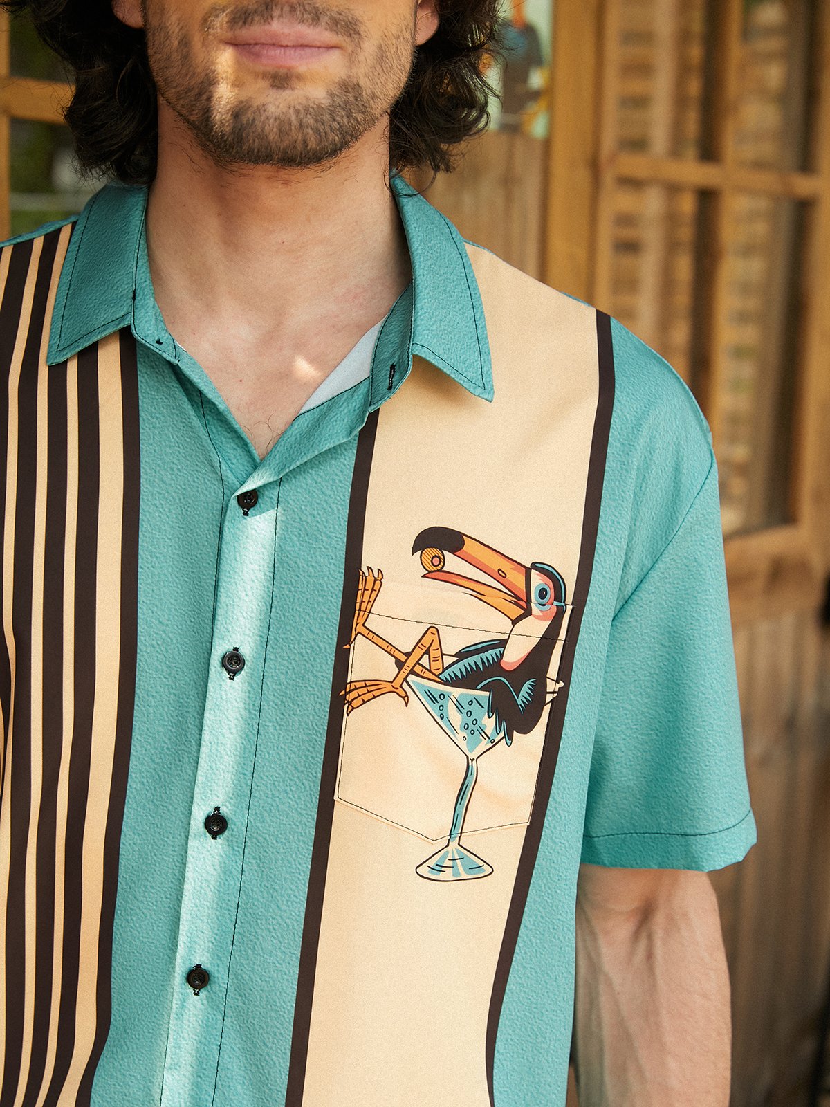 Animal Pecho Bolsillo Manga Corta Bolos Camisa