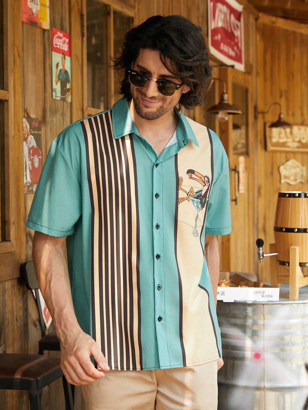 Animal Pecho Bolsillo Manga Corta Bolos Camisa