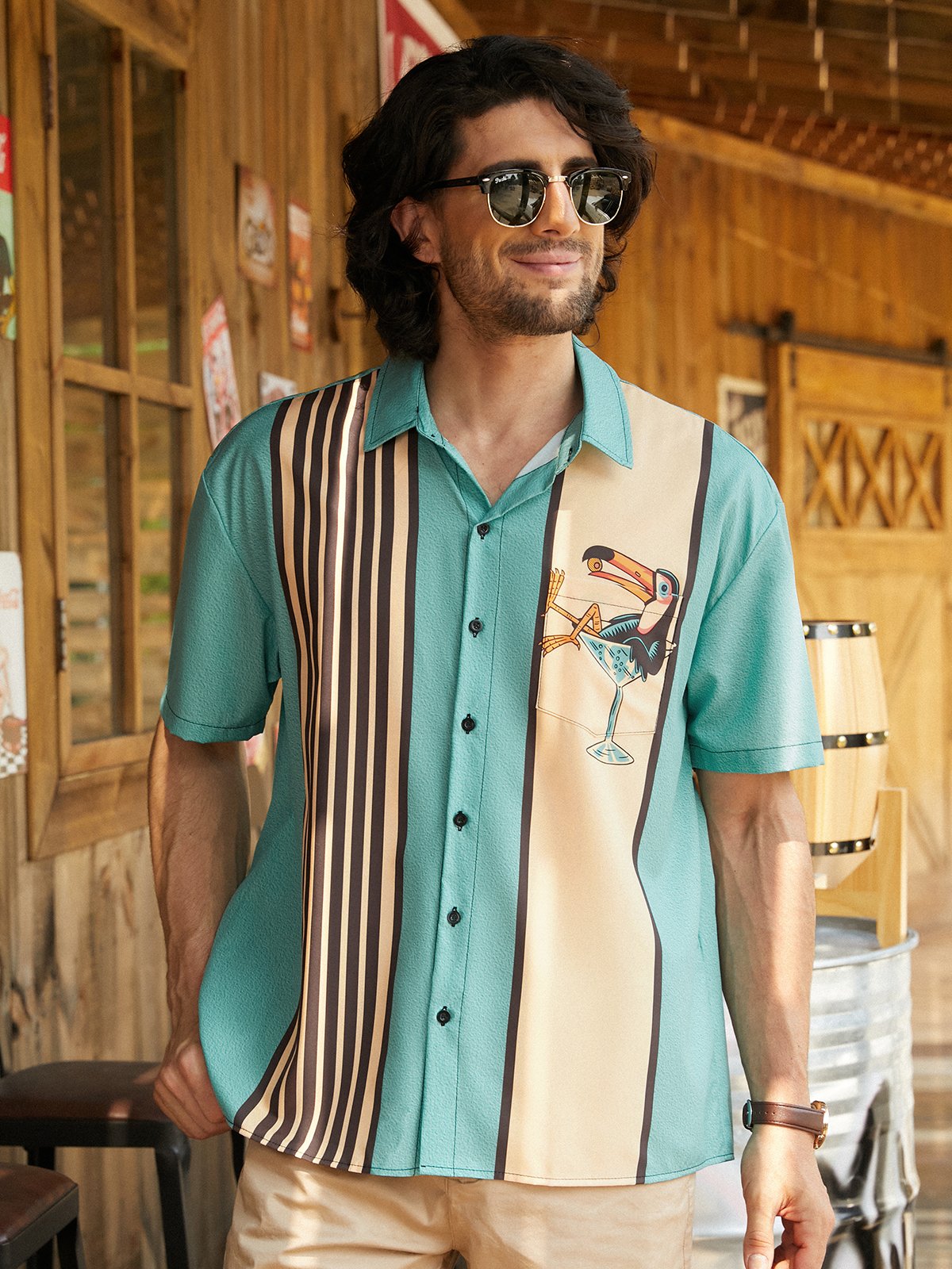 Animal Pecho Bolsillo Manga Corta Bolos Camisa