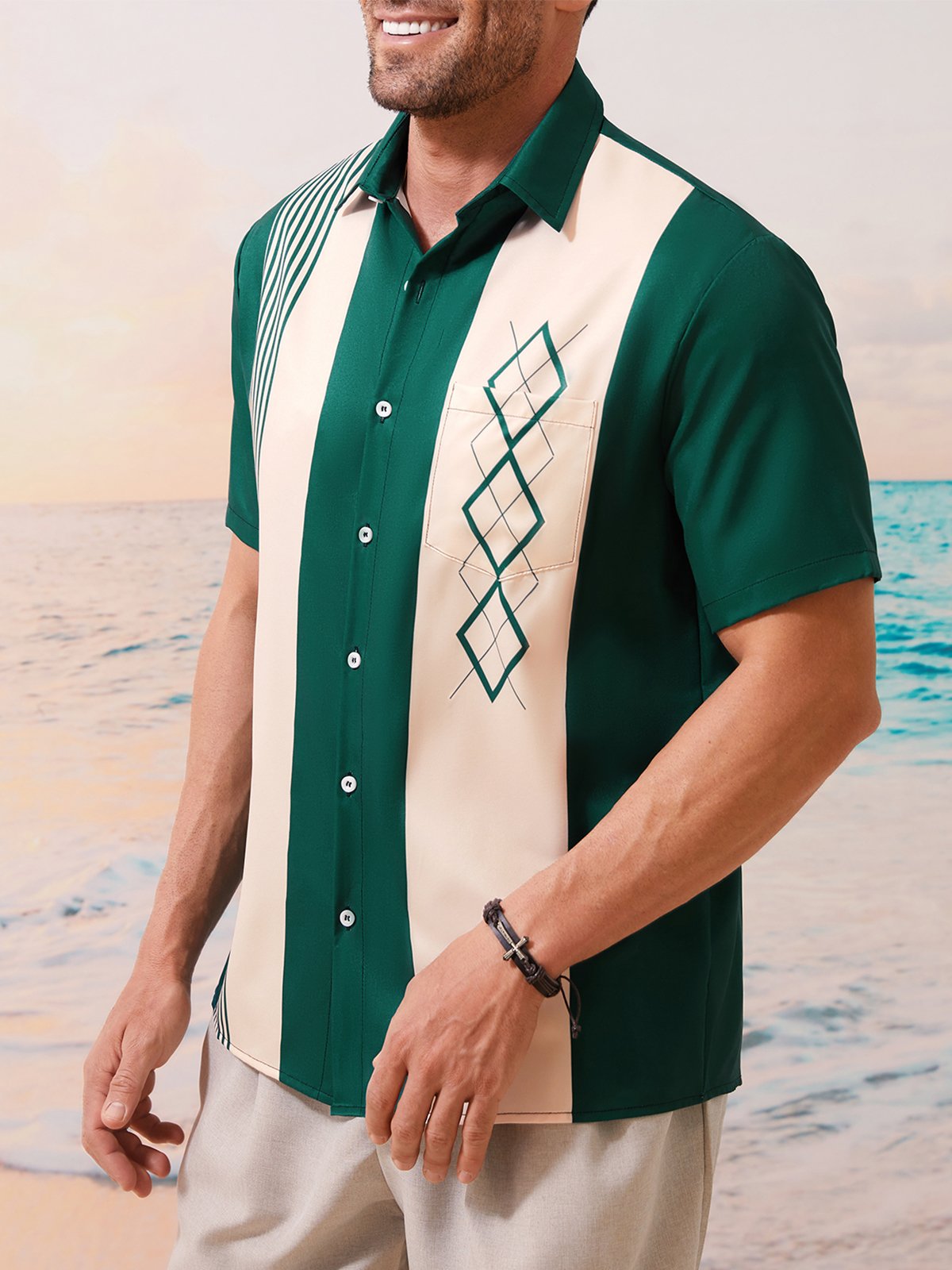 Geométrico Bloque de color Pecho Bolsillo Manga Corta Bolos Camisa