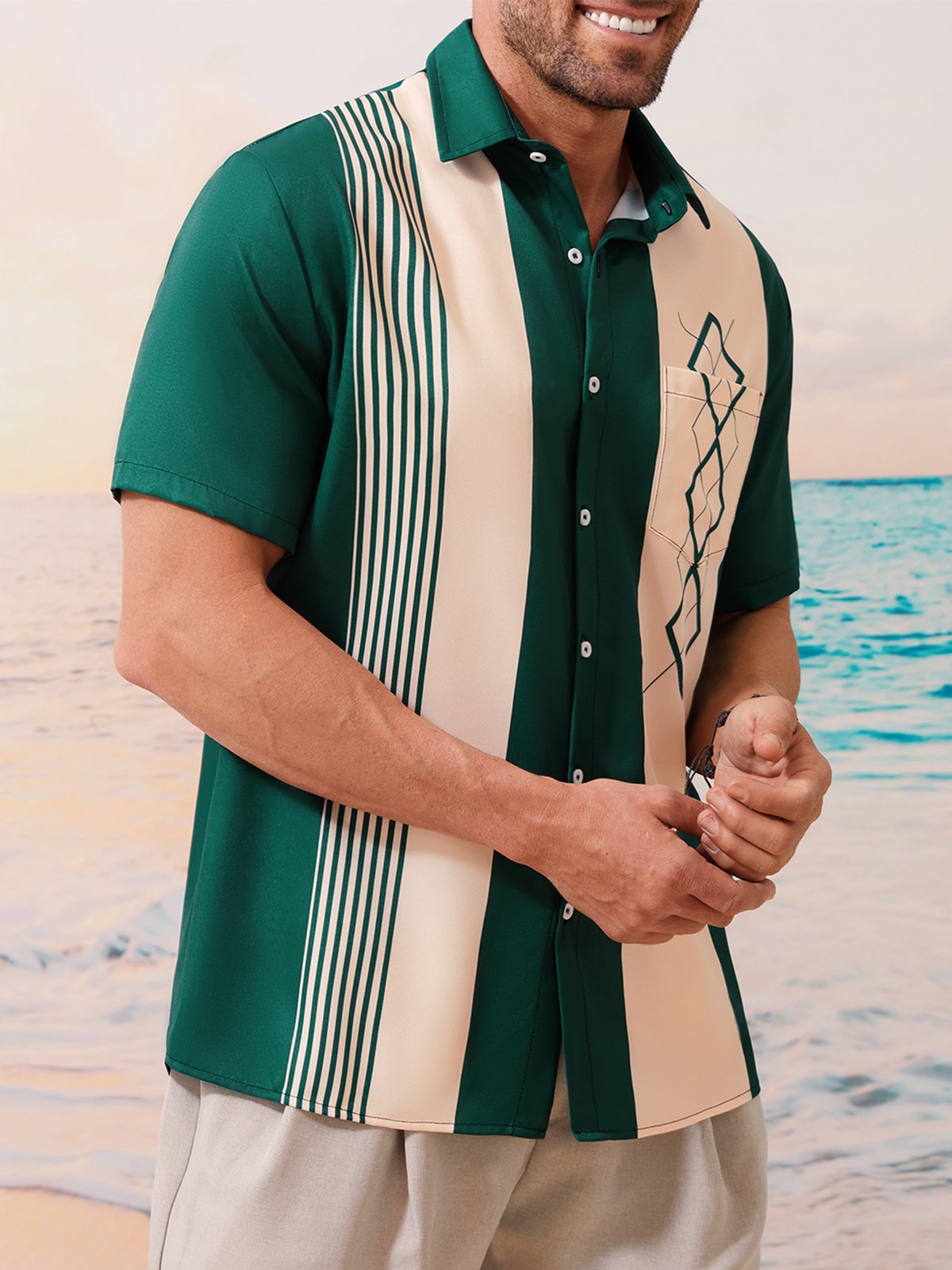 Geométrico Bloque de color Pecho Bolsillo Manga Corta Bolos Camisa