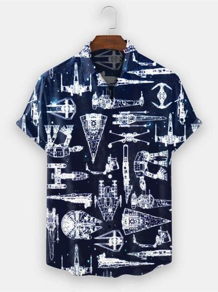 De Hombre Estrella Guerras Aeroespaciales Máquina Estampado Casual Respirable Manga Corta Hawaiano Camisa