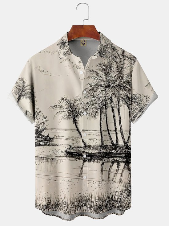 Árbol de coco Pecho Bolsillo Manga Corta hawaiano Camisa