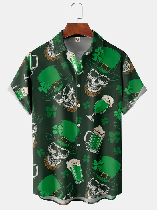 Craneo cerveza Pecho Bolsillo Manga Corta Camisa