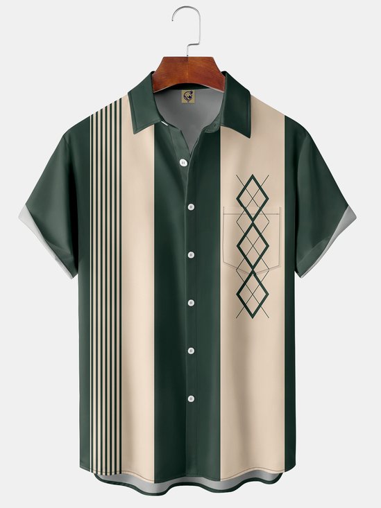 Geométrico Bloque de color Pecho Bolsillo Manga Corta Bolos Camisa