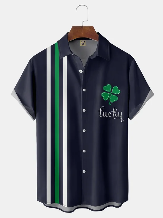 San Patricio día suerte Trébol Pecho Bolsillo Manga Corta Bolos Camisa