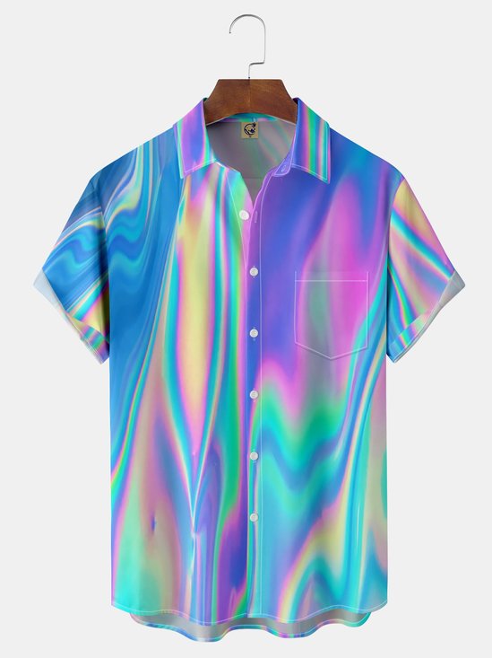 Gradiente Color Pecho Bolsillo Manga Corta Casual Camisa