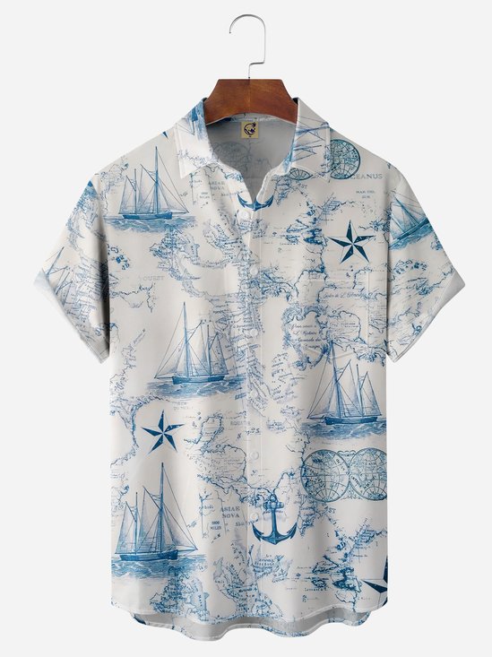 mapa Navegación Pecho Bolsillo Manga Corta Camisas Hawaianas