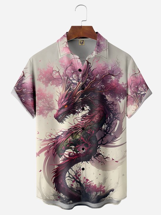 japonés Sakura Continuar Pecho Bolsillo Manga Corta Casual Camisa