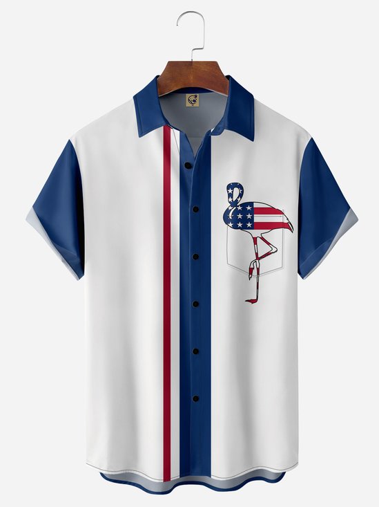 Flamenco Pecho Bolsillo Manga Corta Bolos Camisa