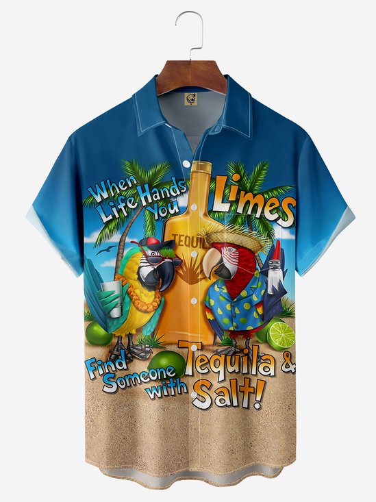 loro Pecho Bolsillo Manga Corta hawaiano Camisa