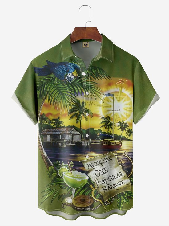 loro Pecho Bolsillo Manga Corta hawaiano Camisa