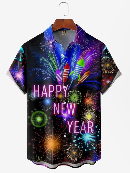 feliz Año Nuevo Pecho Bolsillo Manga Corta Casual Camisa