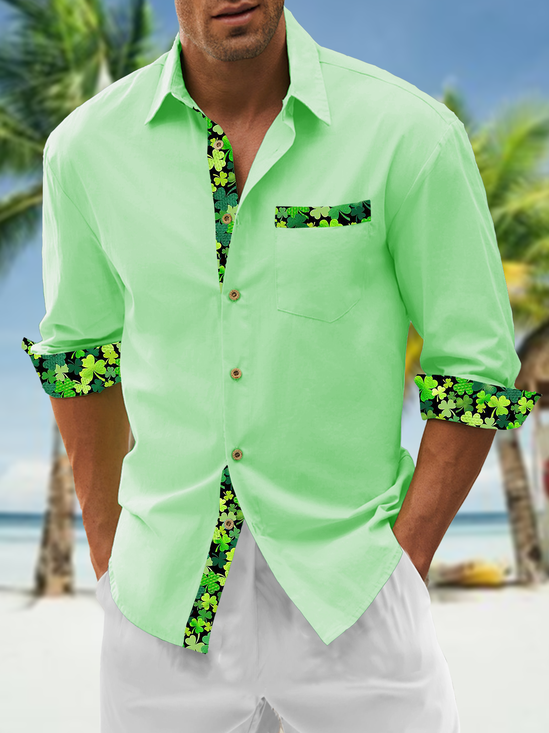 Algodón S t Patricks día Trébol Pecho Bolsillo Manga Larga Casual Camisa