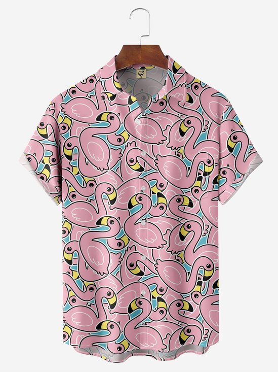 Dibujos animados Flamenco Pecho Bolsillo Manga Corta Casual Camisa