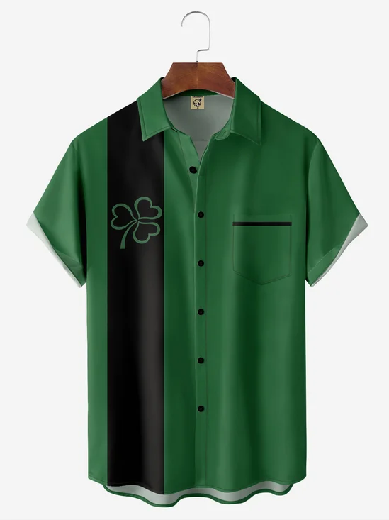 S t. Patrick's día Trébol Pecho Bolsillo Manga Corta Bolos Camisa