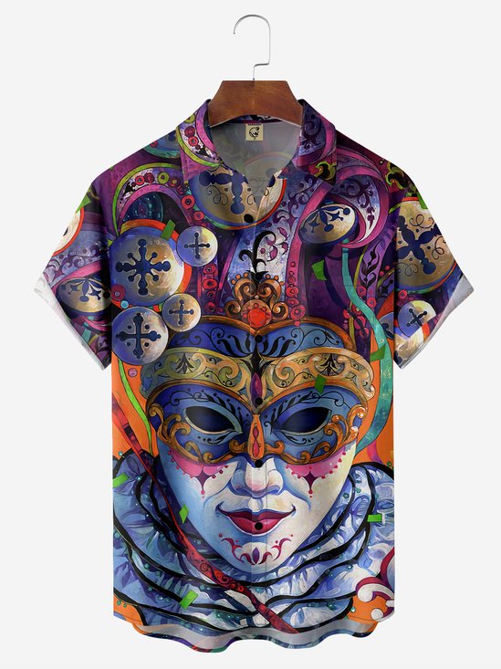 Mardi Gras Pecho Bolsillo Manga Corta Casual Camisa