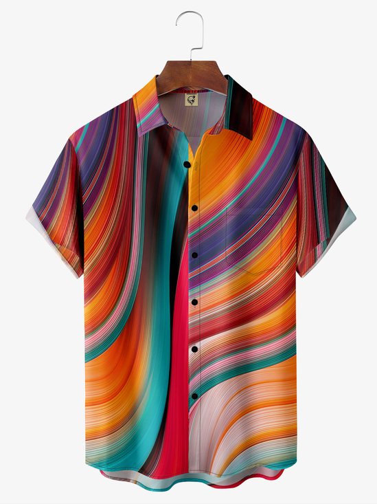 Bloque de color líneas Pecho Bolsillo Manga Corta Casual Camisa