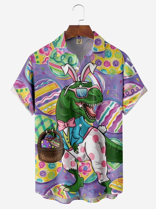dinosaurio Pascua de Resurrección Huevo Pecho Bolsillo Manga Corta Camisa