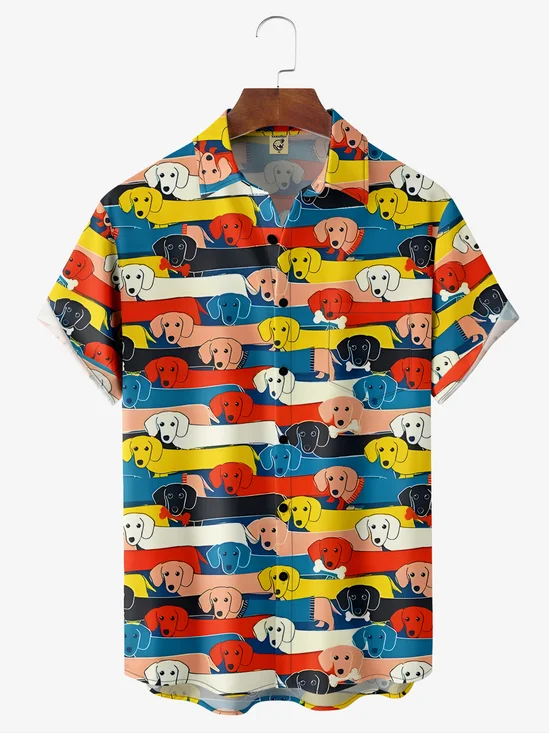 Perro Fiesta Pecho Bolsillo Manga Corta Casual Camisa
