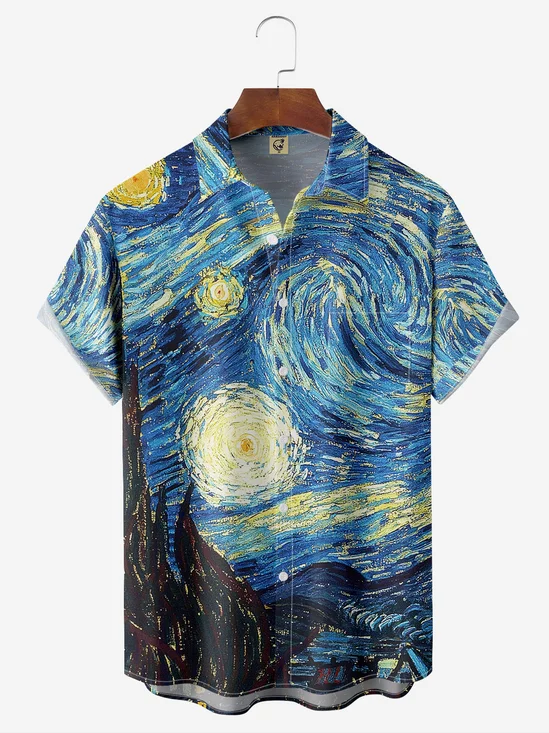 De Hombre Retro Van Gogh Los Estrellado Noche Solapa Flojo Manga Corta Miedoso Camisas Hawaianas