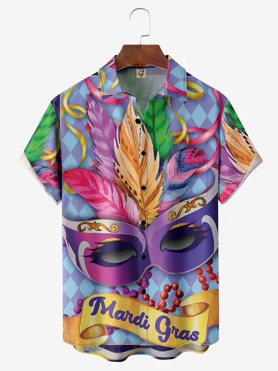 Mardi Gras Pecho Bolsillo Manga Corta Casual Camisa