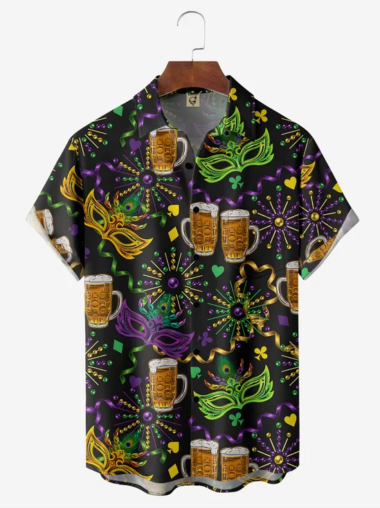 Mardi Gras Pecho Bolsillo Manga Corta Casual Camisa