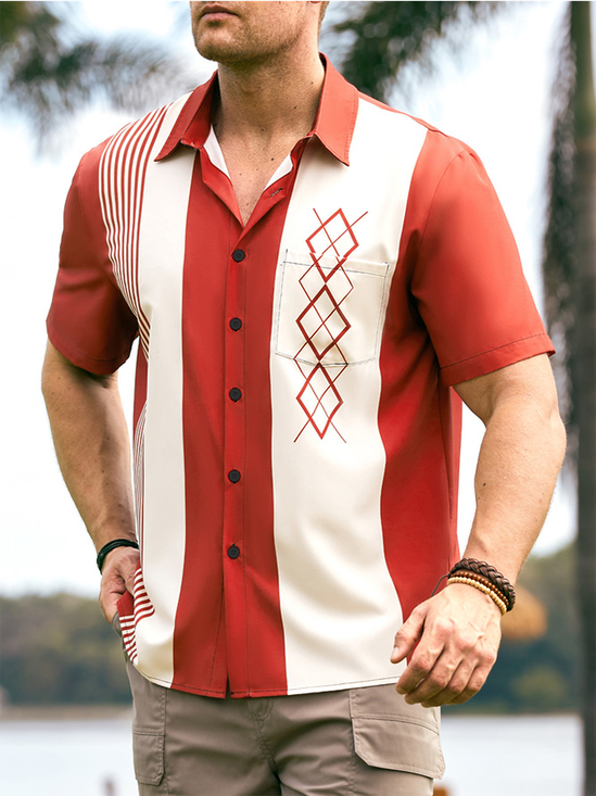 Geométrico Bloque de color Pecho Bolsillo Manga Corta Bolos Camisa