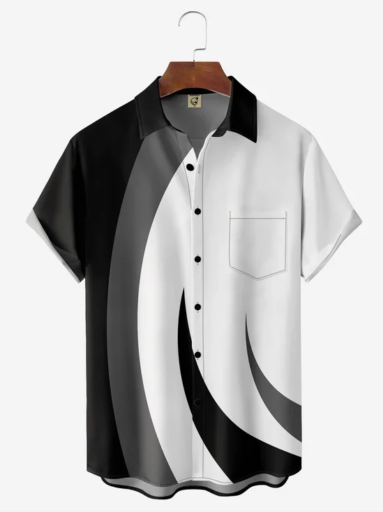 Geométrico Contraste Pecho Bolsillo Manga Corta Camisa