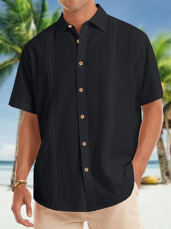 Algodón Rayas Con Remiendo Pecho Bolsillo Manga Corta Casual Camisa
