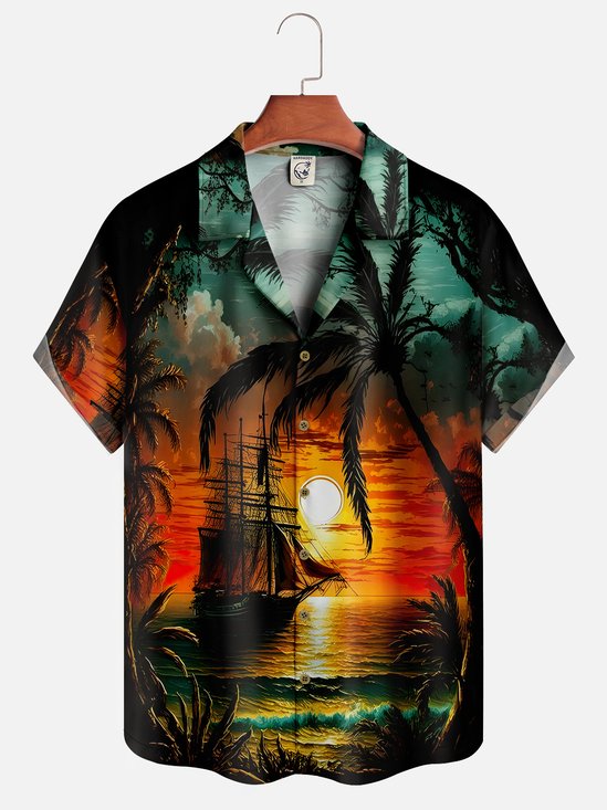 Árbol de coco Pecho Bolsillo Manga Corta hawaiano Camisa