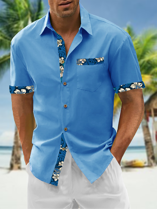 Algodón Con Remiendo Floral Manga Corta Casual Camisa