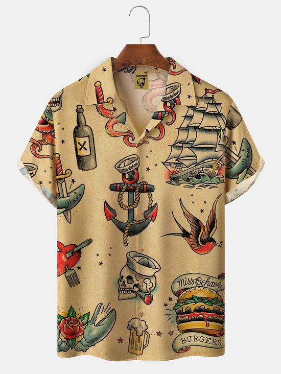 de Hombre hawaiano Navegación Estampado Acampar Cuello Flojo Manga Corta Miedoso Camisas Hawaianas