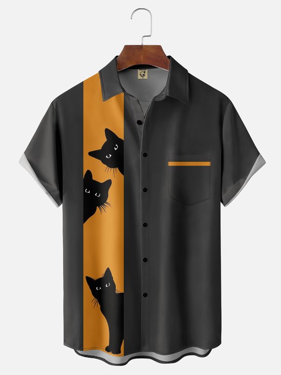 De Hombres Víspera De Todos Los Santos Elementos Gato Gráfico Estampado Manga Corta Camisa