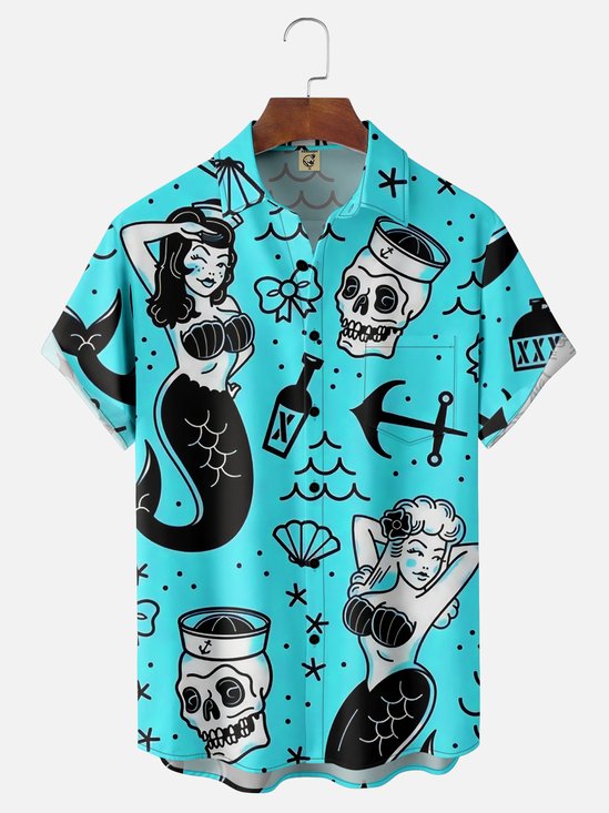 Sirena Pecho Bolsillo Manga Corta hawaiano Camisa