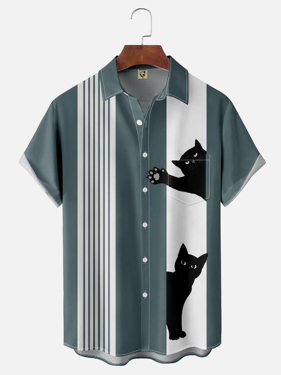 Gato Pecho Bolsillo Manga Corta Bolos Camisa